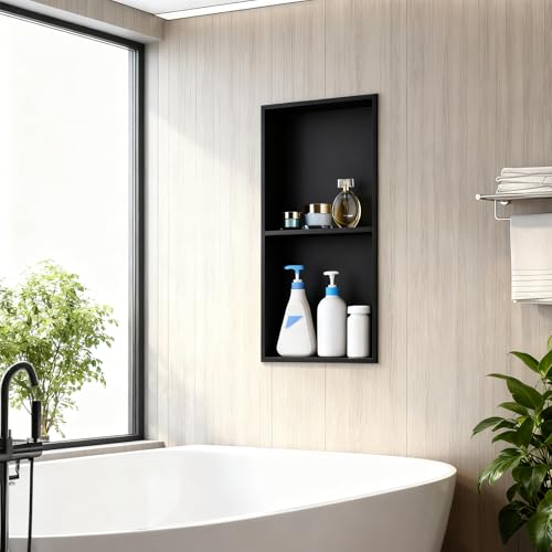 NEWRAIN Shower Niche Stainless Steel Double Bathroom Niche NO Tile Neededs 12''X24'', Recessed Wall Shelves, Matte Black Shower Shelf Insert - color: Matte Black, style: 12''×24''