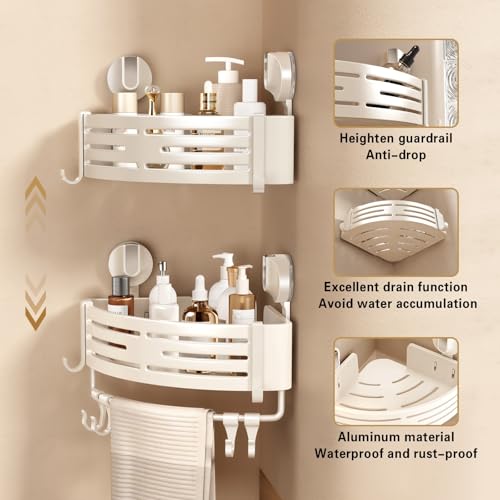 Corner Shower Caddy Suction Cup Shower Shelf Corner No Drilling Bathroom Shower Organizer Storage Rack Adhesive with Towel Bar Hooks(2-Pack, Ivory)