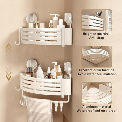 Corner Shower Caddy Suction Cup Shower Shelf Corner No Drilling Bathroom Shower Organizer Storage Rack Adhesive with Towel Bar Hooks(2-Pack, Ivory)