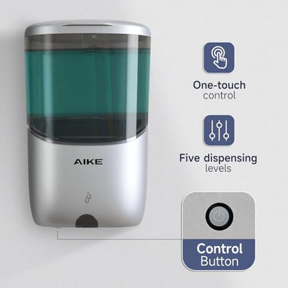 AIKE Liquid Automatic Soap Dispenser,Power by 4*AA Batteries for Bathroom | 5-level adjustable for Home and Small Business(Batteries Not Included),No-Drill and Screw Wall Mount for Space-Saving,AK1216 - color: Silver