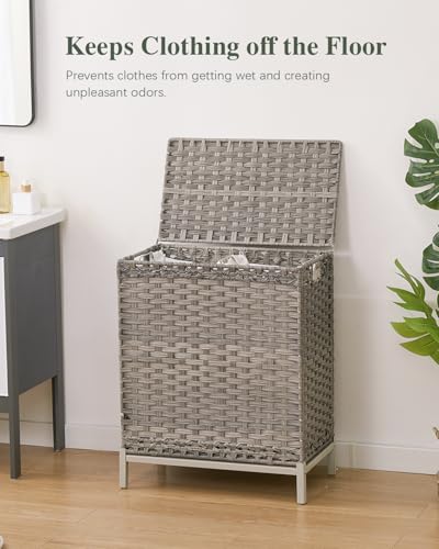 SETVSON Laundry Hamper with Lid, 112 L Handwoven PE Rattan Wicker, Gray | 2-Section Large Basket, 2 Removable Liner Bags, Heightened Metal Feet, 6 Mesh Laundry Bags, Foldable Side Handles - color: Gray, size: 112 L - 29.6 gal