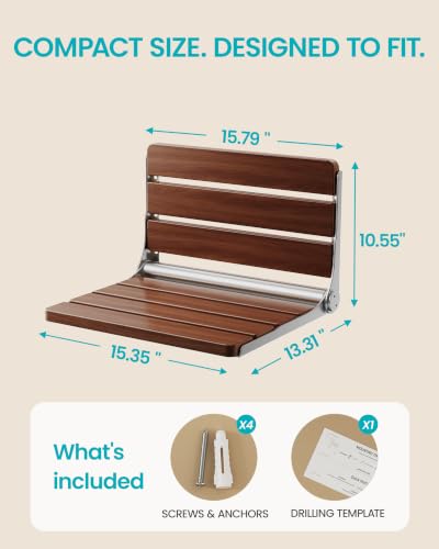 Folding Shower Seat Wall Mounted, Real Wood Shower Chair for Inside Shower | Shower bench folds to a 1.81 in profile for small spaces, 304 stainless steel frame supports 400 lb. Cherry Wood finish.
