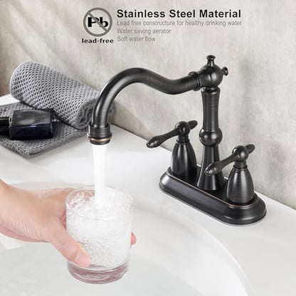 Oil Rubbed Bronze Antique Bathroom Faucet 2 Hole, Stainless Steel Centerset 4 inch Bathroom Faucet 2 Handle with Drain and Supply Hose, Brushed Bronze Faucet for Bathroom Sink - color: Oil Rubbed Bronze