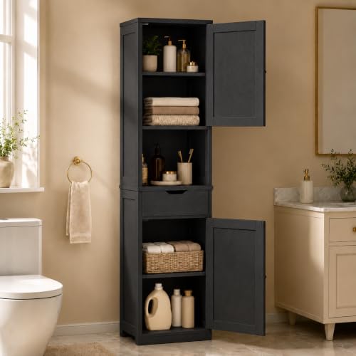 Walsunny Tall Bathroom Storage Cabinet with 6 Adjustable Shelves, Black | Anti-Tip Safety, Waterproof MDF, 2 Doors + 1 Drawer, Easy Assembly, for Bathroom/Living Room/Kitchen - color: Black, style: 1 drawer