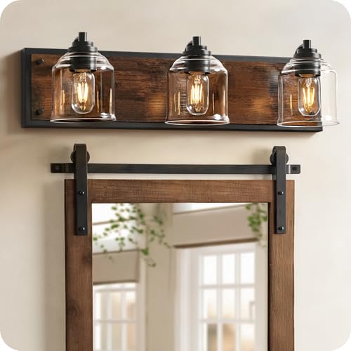 3-Light Bathroom Fixture, 23.2" Large Farmhouse Vanity Light, E26 Base (Bulbs Not Included), Thickened Glass Shade, for Bathroom, Bedroom, Vanity, Hallway, Rustic Brown and Black F17BD05 - size: 3-Light