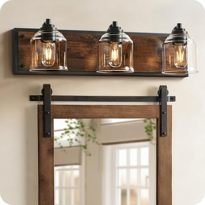 3-Light Bathroom Fixture, 23.2" Large Farmhouse Vanity Light, E26 Base (Bulbs Not Included), Thickened Glass Shade, for Bathroom, Bedroom, Vanity, Hallway, Rustic Brown and Black F17BD05 - size: 3-Light