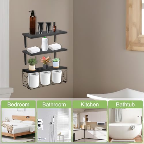 Floating Shelves with Wire Storage Basket, Bathroom Shelves Over Toilet with Protective Metal Guardrail, Versatile Storage Function Hanging Storage Wall Shelf for Bathroom, Bedroom, Living Roomv