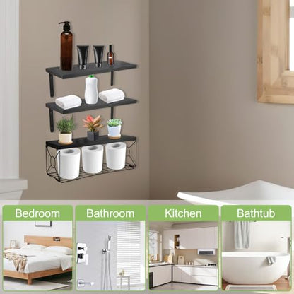 Floating Shelves with Wire Storage Basket, Bathroom Shelves Over Toilet with Protective Metal Guardrail, Versatile Storage Function Hanging Storage Wall Shelf for Bathroom, Bedroom, Living Roomv