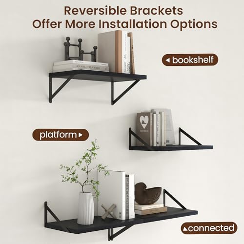 Deep Floating Shelves - 20 Inch Black Floating Shelves Set of 2-12 Inch Deep Wood Wall Shelves for Living Room Bathroom Kitchen - color: Black, size: 20W x 12D