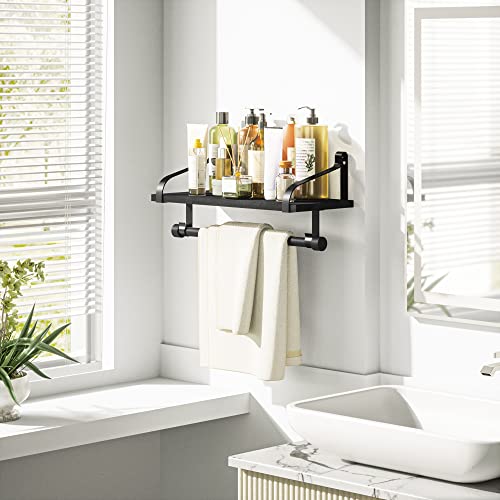 Love-KANKEI 17.3" Floating Wall Shelf Solid Wood/Bracket,Coffee Bar,Black | Spice Rack,Towel Bar/8 Hooks,40 Lbs/shelf,Easy to Install,For Kitchen,Bathroom,Living Room,Bedroom,Office,Entryway Display - color: Black