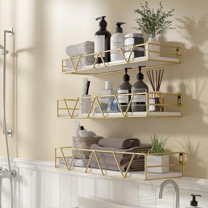 Floating Shelves Set of 3, Wood Wall Shelf, Farmhouse Shelf for Bedroom | Wall Mounted Floating Shelf for Living Room, Bedroom, Bathroom, Kitchen, Office - color: Gold