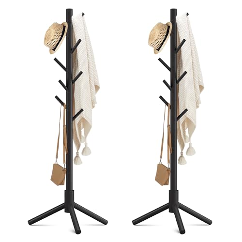 Wooden Coat Rack Free Standing with 8 Hooks 3 Adjustable Coat Tree,2 PCS | New Zealand Pine Coat Standing Tree Easy Assembly for Coats, Hats, Scarves and Handbags for Entryway,2 PCS - color: Black, size: 2 PCS