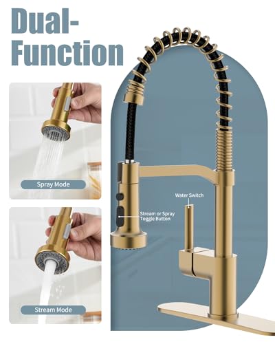 Gold Kitchen Faucet Soap Dispenser, Faucet for Kitchen Sink, Kitchen Sink Faucet with Deck Plate, RV Kitchen Faucet with Pull Down Sprayer and Dual Function Spray Head - color: C-Brushed Gold, style: Classic