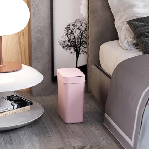 iTouchless 3 Gallon Sensor Bathroom Trash Can, 10 Liter Slim Touchless Automatic Small Garbage Bin with Lid, Narrow Smart Motion Control Commercial Wastebasket for Bedroom, Office, Pink Plastic