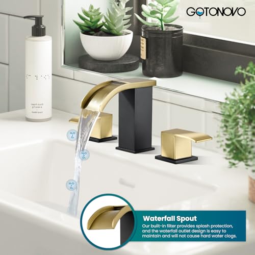gotonovo Waterfall Bathroom Faucet 3 Hole Square Body,Brushed Gold&Black | SUS304 8’’ Widespread Bathroom Sink Faucet,2.17’’ Wide Spout,24’’ cUPC Hose,Pop Up Drain,2 Handle,Vanity,Lavatory,Basin,RV - color: Gold&Black
