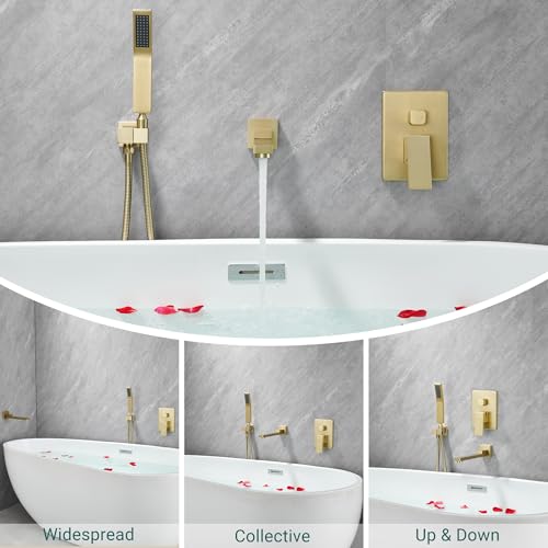 DASAN Swiveling Wall Mount Tub Filler Faucet Set with Hand Held Shower, Brushed Gold Modern Creative Bathtub Faucet Wall Mounted Bath Tub Faucet with High Flow Rough in Valve, SA-TF05WH-BG - color: Brushed Gold