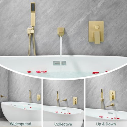 DASAN Swiveling Wall Mount Tub Filler Faucet Set with Hand Held Shower, Brushed Gold Modern Creative Bathtub Faucet Wall Mounted Bath Tub Faucet with High Flow Rough in Valve, SA-TF05WH-BG - color: Brushed Gold