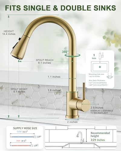 VFAUOSIT Kitchen Faucet with Pull Down Sprayer, Brushed Gold High Arc | Cold-Start Safety, 3 Spray Modes, 360° Swivel, cUPC/CEC Certified, Fingerprint-Resistant Finish, Ceramic Disc Valve - color: Gold