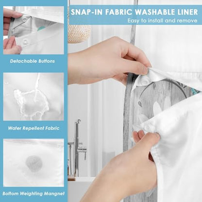 No Hook Shower Curtain with Snap in Liner 71x74 Inch Daisy Flower | Wooden Boards Gray Modern Double Layers Waterproof Fabric with See Through Top Window Open Grommet Bath Curtain - color: Daisy, size: 71"W x 74"L (Pack of 1)