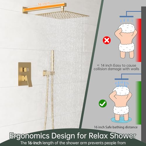Hoimpro Brushed Gold Rain Shower Head System Faucet Set Handheld Spray | High Pressure 12 Inch Bathroom Rainfall Shower Head,2-in-1 Handheld Showerhead Combo, Shower Faucet Valve with Trim Kit - color: Brushed Gold