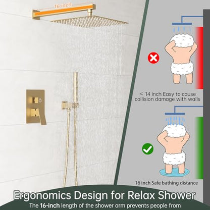 Hoimpro Brushed Gold Rain Shower Head System Faucet Set Handheld Spray | High Pressure 12 Inch Bathroom Rainfall Shower Head,2-in-1 Handheld Showerhead Combo, Shower Faucet Valve with Trim Kit - color: Brushed Gold