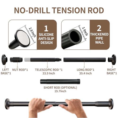 Extra Long Tension Rod, No Drill Heavy Duty Curtain Rod 78-106 Inch | 1" Diameter Steel Tube, Damage Free, Rust Resistant, Non-Slip, For Large Windows, Patio
