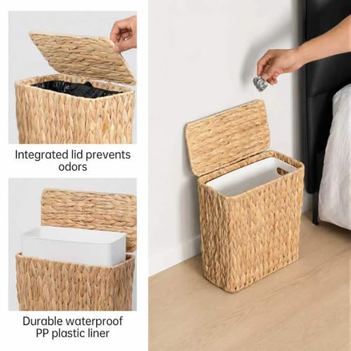 Coeusy 3 Gallon Wicker Trash Can,Small Bathroom Trash Can with Lid,Natural Water Hyacinth Wicker Waste Basket for Bedroom,Toilet,Narrow Garbage Can with Removable Liner - color: Water hyacinth