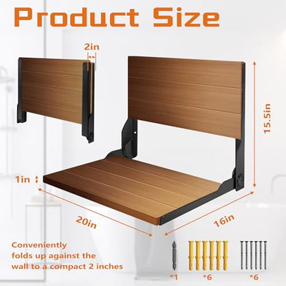 Folding Shower Seat 20'', Large Teak Shower Seat, Folding Shower Bench, Wall Mount Foldable Chair, 500 lbs Capacity, Stainless Steel, Black - color: Black