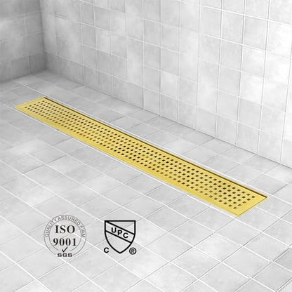 18 inch Linear Shower Drain Brushed Gold with Grate Removable | Square Hole Panel,AISI 304 Stainless Steel Fast Drainage Rectangle Hidden Shower Trench,Detachable Hair Catcher,Leveling Feet - color: Gold, size: 18 inch+No Base