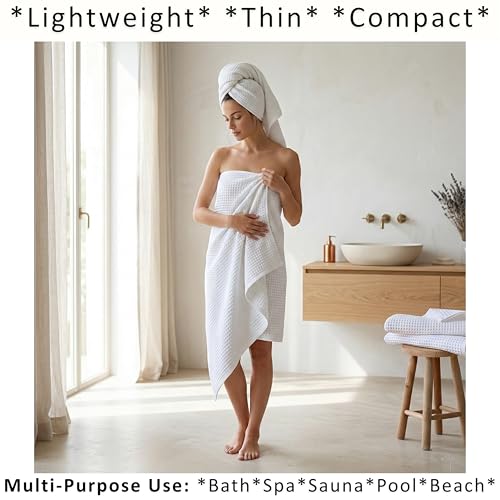 PÜSKÜL 2-Piece Natural 100% Turkish Cotton Waffle Bath Towels Extra-Large | White, 32x63" Bath Sheet Towel, Light Soft Absorbent Quick-Dry Lint-Free Premium Honeycomb Weave Oeko-Tex Made in Turkiye - color: White, size: Bath Towels - Pack of 2