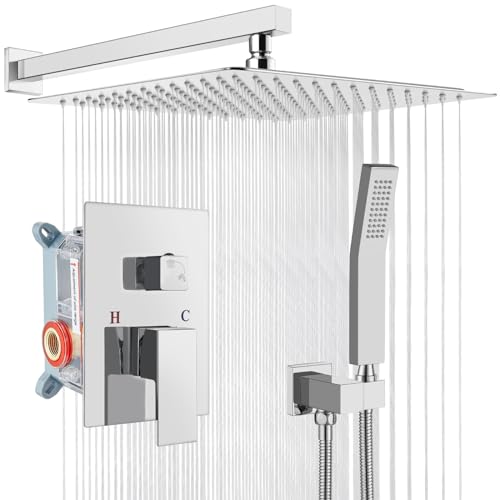gotonovo Rainfall Bathroom Shower System Rain Shower Head and Handle Set Wall Mounted Shower Complete Combo Solid Brass Pressure Balancing Shower Mixer Valve 16 Inch Polished Chrome - color: Polished Chrome, size: 16 Inch