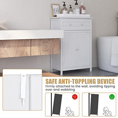 COSTWAY Bathroom Floor Cabinet, Wooden Side Storage Organizer w/Larger Drawer, Adjustable Shelf & 2-Door Cupboard, Freestanding Storage Cabinet for Living Room, Kitchen, Entryway (White) | Larger Drawer, Adjustable Shelf & 2-Door Cupboard, Freestanding St