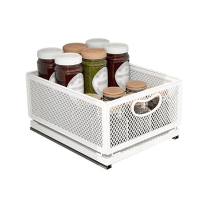 Sliding Cabinet Basket Organizer Drawer Self Adhesive Slide out Pantry Shelves Heavy Duty Carbon Steel Slide Cabinet Storage Basket with Handle for Bathroom Kitchen Home - size: Medium