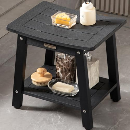 Poly Shower Bench Waterproof Shower Stool Plastic Bath Chair Seat, Black | HDPS Material, Anti-Rotting, Heavy Duty, with Storage Shelf & Adjustable Feet, Non-Slip, Save Space, No-Maintenance - color: Black, size: M Size(16*13*17'')