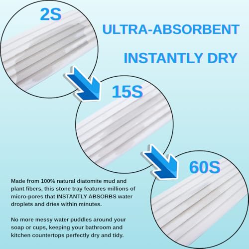 3PCS Water Absorbing Stone Tray, Premium Diatomite Soap Holder & Coaster Mats for Bathroom and Kitchen Sink, Fast Dry Sink Organizer for Countertop with Non-Slip Base, 8.3 x 4 & 4 x 4 Inches, White