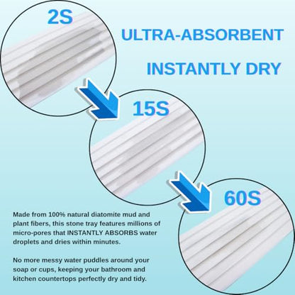 3PCS Water Absorbing Stone Tray, Premium Diatomite Soap Holder & Coaster Mats for Bathroom and Kitchen Sink, Fast Dry Sink Organizer for Countertop with Non-Slip Base, 8.3 x 4 & 4 x 4 Inches, White