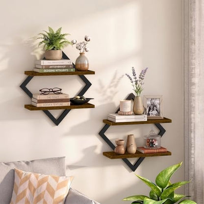 Floating Shelves for Wall, Set of 2 Wall Shelves, 2-Tier Hanging Shelve | Wood & Metal Wall Mounted Display Shelves, Decorative Wall Shelves for Living Room, Bedroom, Kitchen & Bathroom, Rustic Brown - size: 2-Pack