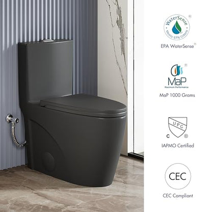 Elongated One Piece Toilet, Dual Flush 1.1/1.6 GPF, Matte Black | ADA Compliant 17" chair height bowl, Powerful siphon dual flush, 12" rough-in, comfort soft closing seat, Matte black toilet - color: Matte Black
