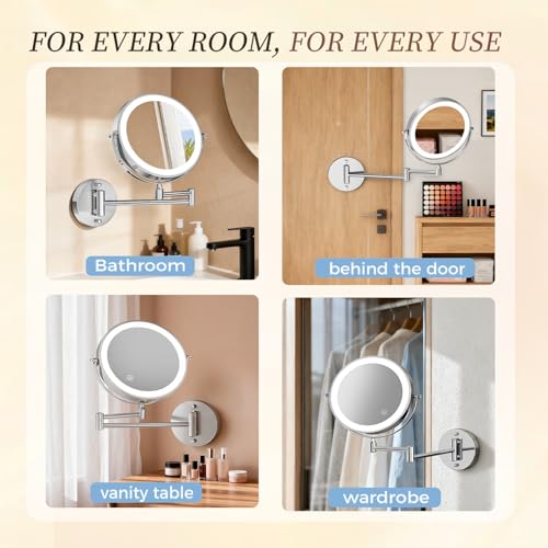 Rechargeable Wall Mounted Lighted Makeup Mirror Chrome, 8 Inch Double-Sided LED Vanity Mirror 1X/10X Magnification,3 Color Lights Touch Screen Dimmable 360°Swivel 13 Inch Extendable - color: 8 Inch Chrome