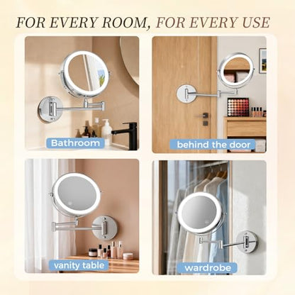 Rechargeable Wall Mounted Lighted Makeup Mirror Chrome, 8 Inch Double-Sided LED Vanity Mirror 1X/10X Magnification,3 Color Lights Touch Screen Dimmable 360°Swivel 13 Inch Extendable - color: 8 Inch Chrome