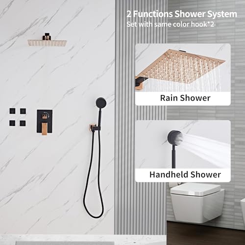 Black Gold Rainfall Shower Head, Wall Mounted 8 Inch Shower Heads with Handheld Spray Combo, Luxury Bathroom Square Rain Shower System, Solid Brass Pressure Balancd Shower Faucet Valve - color: Black Gold, style: 8 Inch