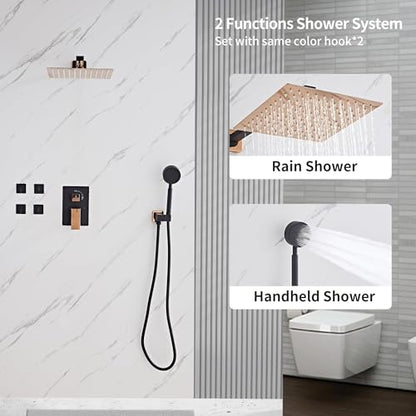 Black Gold Rainfall Shower Head, Wall Mounted 8 Inch Shower Heads with Handheld Spray Combo, Luxury Bathroom Square Rain Shower System, Solid Brass Pressure Balancd Shower Faucet Valve - color: Black Gold, style: 8 Inch