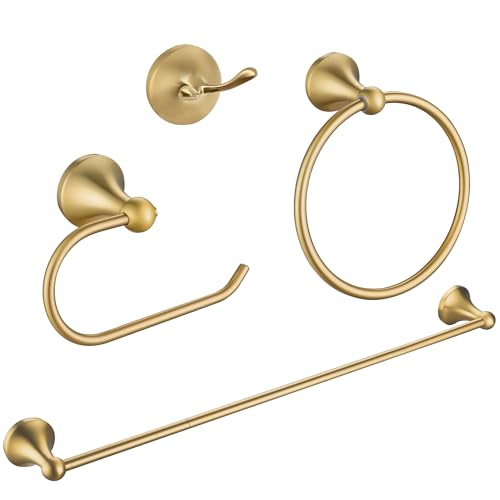Brushed Gold Bathroom Hardware Set Wall Mounted Gold Accessories Set 4 Pieces Bathroom Hardware Set, 23.6 inch Towel Bar | Towel Hook | Toilet Paper Holder | Hand Towel Holder - color: Brushed Gold