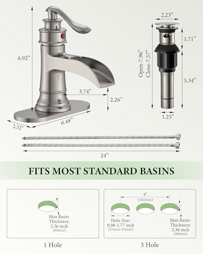 Homevacious Bathroom Faucet Brushed Nickel Waterfall Bathroom Sink Faucets | Single Handle Rustic Vanity Farmhouse RV Faucet Suitable for 1 or 3 Holes with Pop-up Drain Deck Plate Hose by Homevacious - color: Brushed Nickel