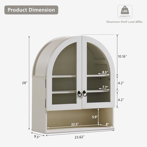 IFGET Bathroom Arched Wall Cabinet, 23.6'' Wide Medicine Cabinet with Adjustable Shelves & Glass Doors, Over The Toilet Storage Wall Mount Cabinet for Laundry Room,Kitchen & Living Room, Antique White - color: Antique White