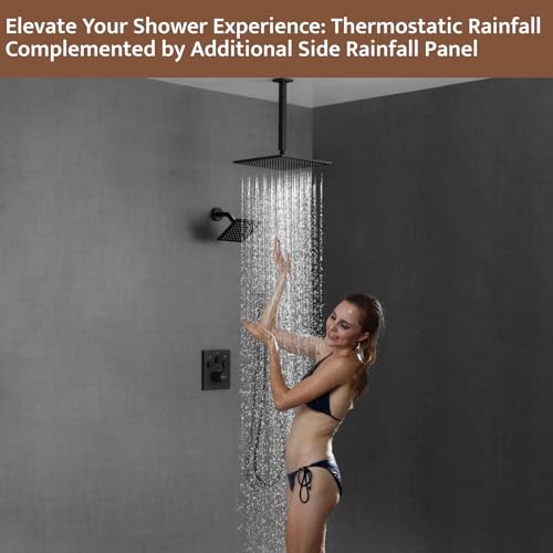 Thermostatic Shower System Matte Black, Push Button Diverter Shower Faucet with 2 in 1 Handheld, Ceiling Mount 12 Inch Shower Head with 6 Inch Wall Mount Shower Head - color: Matte Black, style: 12 Inch
