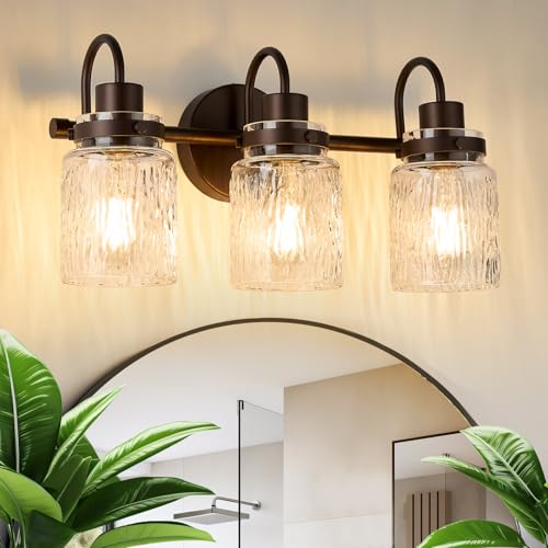 3 Lights Bathroom Vanity Light, Oil Rubbed Bronze Bathroom Light Fixtures with Hammered Glass Lampshade for Dressing Table,Over Mirror,Hallway - color: Oil-Rubbed Bronze, size: 3 Lights