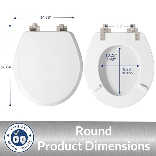 Mayfair Bennett Toilet Seat with Brushed Nickel Hinges, Slow Close Wood Seat, Secure Metal Hinges, Easy Install, Made in USA, Round, White - color: Brushed Nickel, size: Round