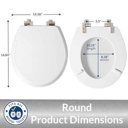 Mayfair Bennett Toilet Seat with Brushed Nickel Hinges, Slow Close Wood Seat, Secure Metal Hinges, Easy Install, Made in USA, Round, White - color: Brushed Nickel, size: Round