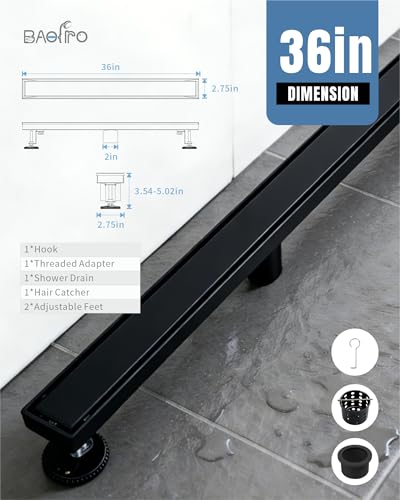 36 Inch Matte Black Linear Shower Drain | CUPC Certified 2-in-1 Tile Insert for Curbless Showers. 304 Steel, 15.8GPM Flow. Includes Hair Catcher & Adjustable Feet. - color: Matte Black, size: 36in